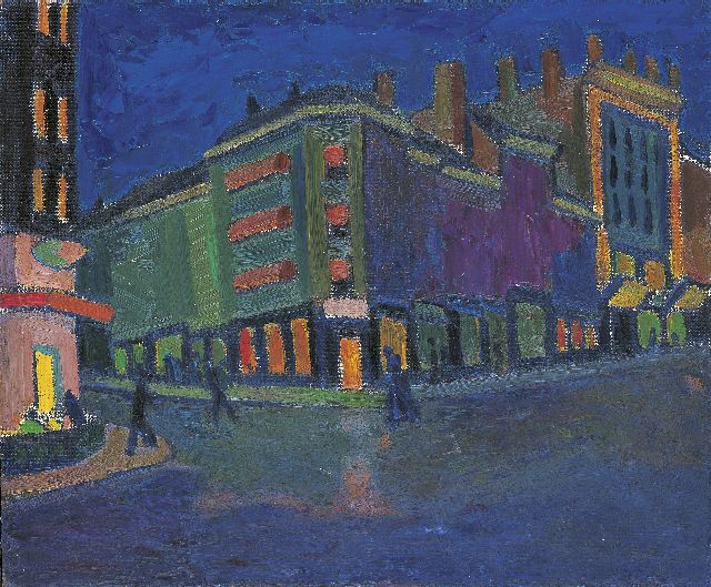 Anne-Pierre de Kat | Stad bij nacht, olieverf op doek op board, 50,0 x 60,1 cm, gesigneerd l.o.