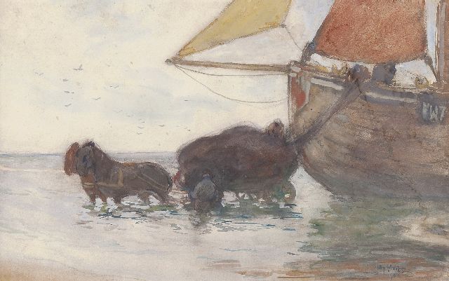 Willy Sluiter | Nettenkar bij bomschuit 'Katwijk 7', aquarel op papier, 28,8 x 46,7 cm, gesigneerd r.o. en gedateerd '98