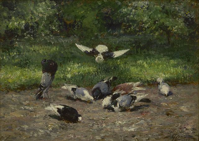 Eugeen Joors | Duiven in het park, olieverf op paneel, 24,0 x 32,5 cm, gesigneerd r.o. en gedateerd 1895