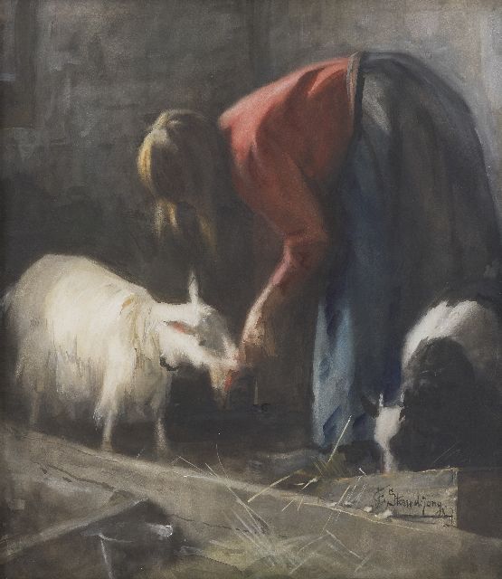 Sterre de Jong J.F.  | Geitje voeren, aquarel op papier 42,6 x 37,0 cm, gesigneerd r.o.