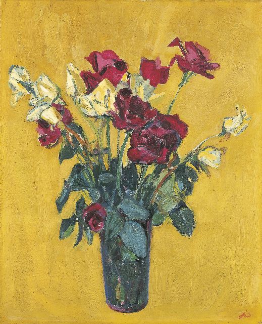 Jan Wiegers | Bloemstilleven, olieverf op doek, 61,4 x 50,0 cm, gesigneerd r.o. met initialen en verso voluit en verso gedateerd 1956