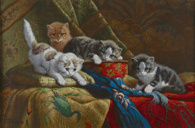 Cornelis Raaphorst | Spelende jonge poesjes met zijden lap, olieverf op doek, 40,5 x 60,2 cm, gesigneerd l.o.