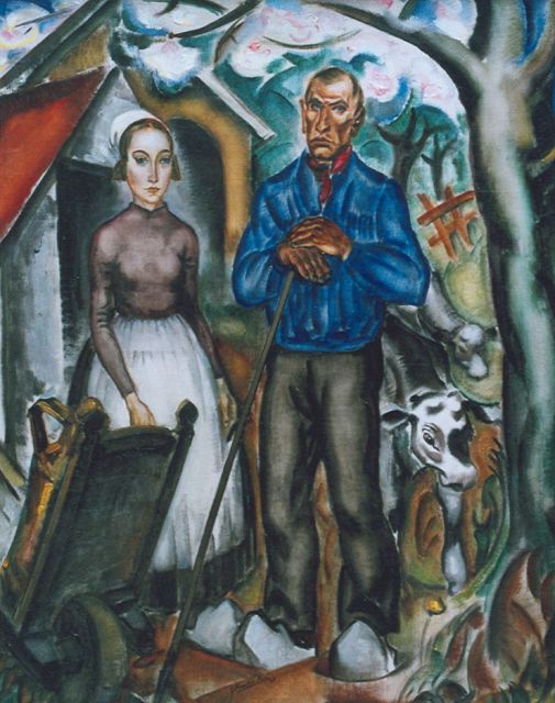 Jan Franken | Boer en boerin met vee, olieverf op doek, 94,9 x 75,6 cm, gesigneerd m.o. en gedateerd '24