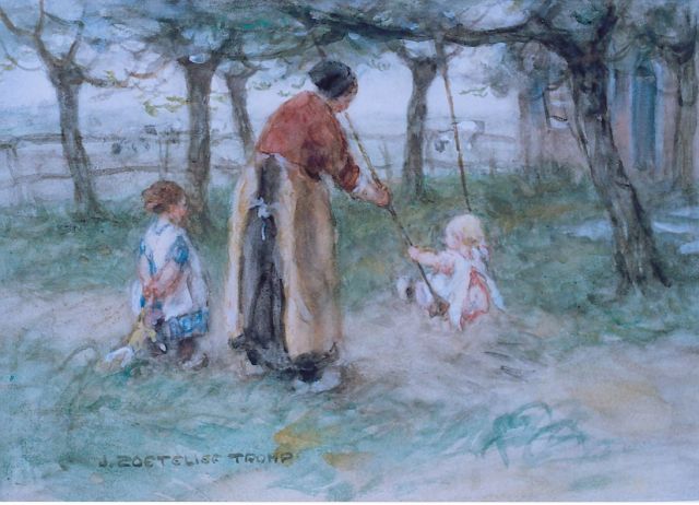 Jan Zoetelief Tromp | Schommelen in de achtertuin, aquarel op papier, 25,0 x 34,9 cm, gesigneerd l.o.