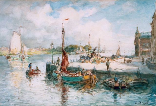 Evert Moll | Bedrijvigheid op de kade in Dordrecht, aquarel op papier, 24,0 x 34,8 cm, gesigneerd r.o.