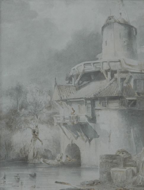 Johannes Bosboom | Watermolen te Leuven, sepia op papier, 28,6 x 21,3 cm, gesigneerd r.o.