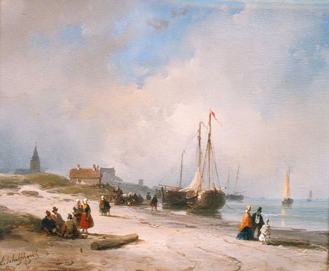 Andreas Schelfhout | Bommen, vissersvolk en elegante wandelaars op het Scheveningse strand, olieverf op paneel, 19,0 x 22,4 cm, gesigneerd l.o. en gedateerd '48