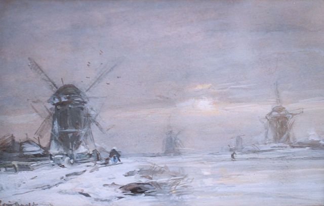 Louis Apol | Windmolens langs een vaart, gouache op papier, 11,1 x 17,7 cm, gesigneerd l.o.