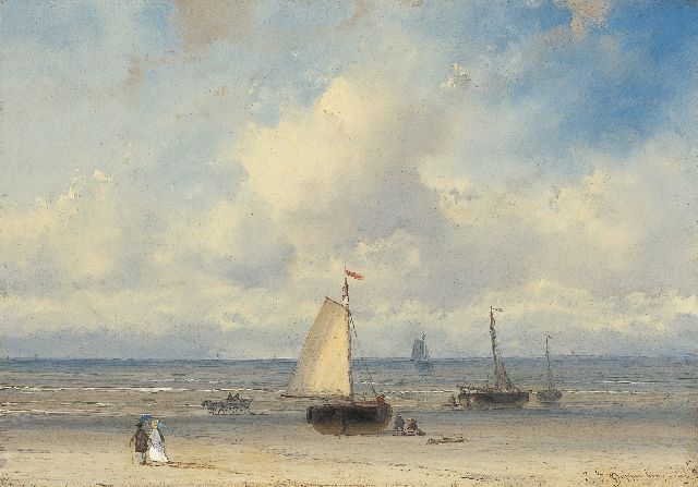John Franciscus Hoppenbrouwers | Vissers en elegante wandelaars bij bomschuiten op het strand, olieverf op paneel, 16,1 x 22,8 cm, gesigneerd r.o.