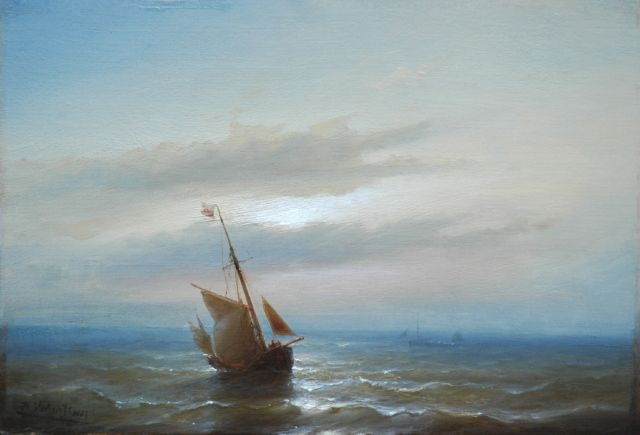 Hendrik Veder | Zeilschip op zee bij vallende avond, olieverf op paneel, 22,9 x 33,3 cm, gesigneerd l.o. en gedateerd 1866