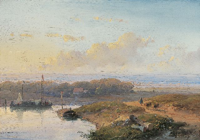 Andreas Schelfhout | Schepen op een kalme rivier in een panoramisch landschap, olieverf op paneel, 12,8 x 18,5 cm, gesigneerd r.o. en te dateren eind jaren '40 of jaren '50