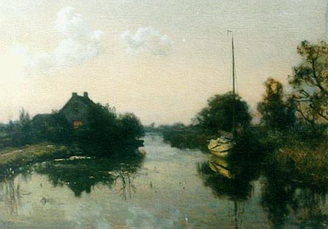 Willem Bastiaan Tholen | Zomeravondschemering met de 'Eudia' afgemeerd, olieverf op doek, 71,2 x 102,3 cm, gesigneerd l.o.