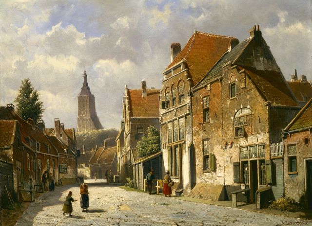 Willem Koekkoek | Zomers straatgezicht, olieverf op paneel, 47,8 x 65,0 cm, gesigneerd r.o.