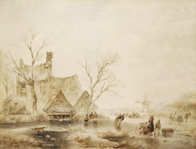 Andreas Schelfhout | IJsvertier op een poldervaart, potlood, penseel in bruine en zwarte inkt op papier, 24,5 x 30,2 cm, gesigneerd l.o.