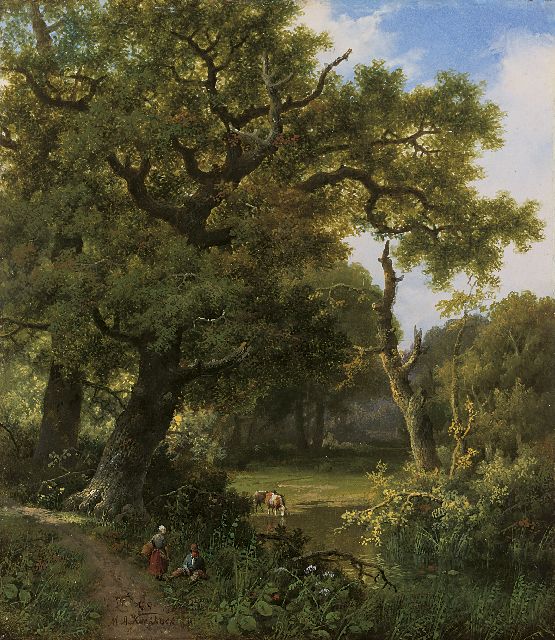 Marinus Adrianus Koekkoek I | Figuren met vee in een boslandschap, olieverf op paneel, 27,5 x 24,0 cm, gesigneerd l.o. en gedateerd '60
