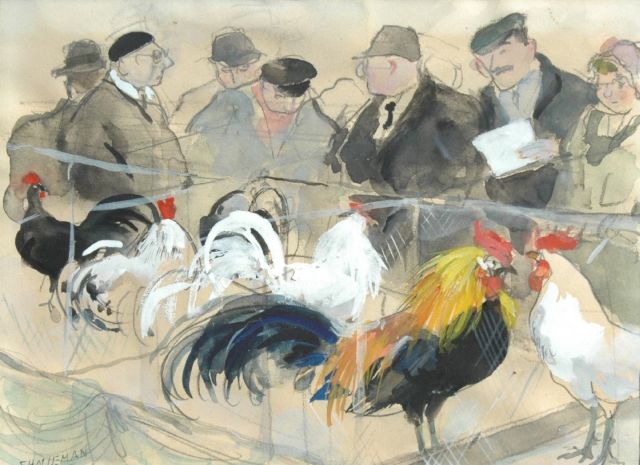 Frida Holleman | Hanen op de tentoonstelling van Avicultura, potlood, aquarel en gouache op papier, 11,8 x 15,5 cm, gesigneerd l.o.
