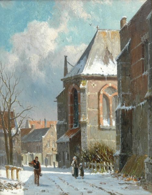 Adrianus Eversen | Straatje in de sneeuw (pendant van 9024), olieverf op paneel, 19,0 x 14,4 cm, gesigneerd r.o. met monogram