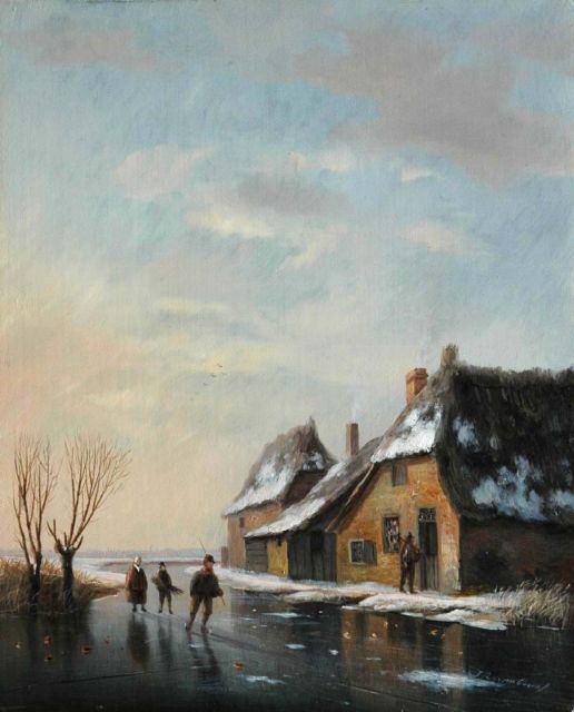 Nicolaas Roosenboom | Schaatser en houtsprokkelaars op een bevroren vaart, olieverf op paneel, 23,6 x 19,2 cm, gesigneerd r.o. en te dateren ca. 1830