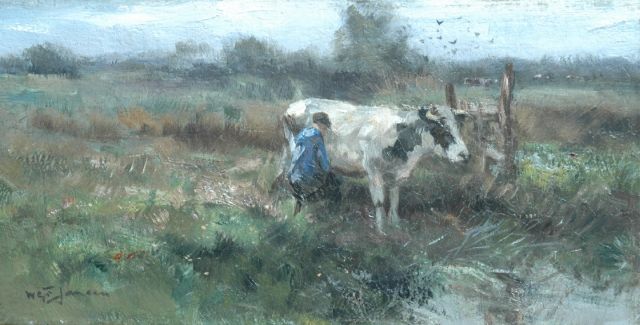 Willem George Frederik Jansen | Melktijd, olieverf op doek, 20,5 x 40,2 cm, gesigneerd l.o.