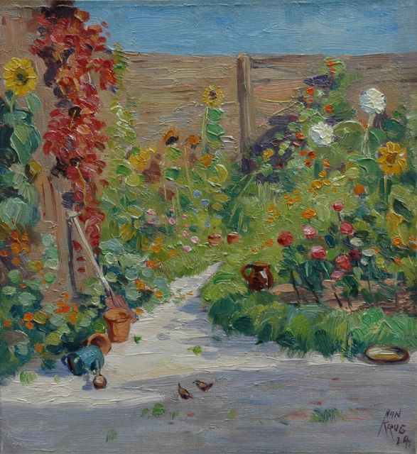 Han Krug | Zonnige tuin in de Begoniastraat, Den Haag, olieverf op doek, 33,0 x 30,3 cm, gesigneerd r.o. en gedateerd '24