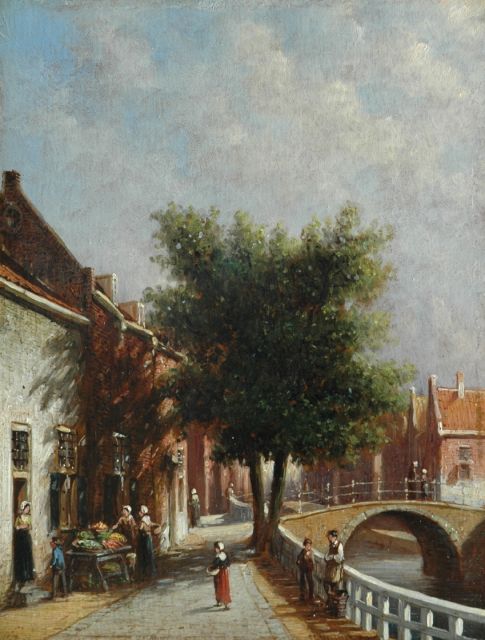 Petrus Gerardus Vertin | Stadsgrachtje met groentestal, mogelijk Enkhuizen, olieverf op paneel, 25,0 x 19,0 cm, gesigneerd r.v.h.m.
