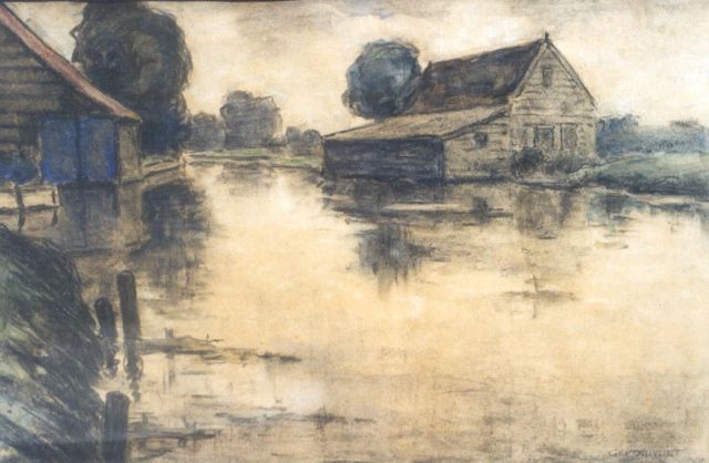 Ger van Vliet | Boothuizen aan een plas, zwart krijt en aquarel op papier, gesigneerd r.o.