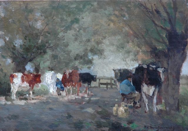 Jan Hendrik Weissenbruch | Melktijd, olieverf op doek op paneel, 20,8 x 29,7 cm, gesigneerd r.o.