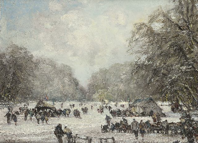 Louis Apol | Schaatsers op de Haagse Bosvijver, olieverf op doek, 55,3 x 75,2 cm, gesigneerd l.o.