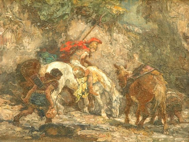 Johannes Hendricus Jurres | Krijgslieden te paard, olieverf op doek, 22,5 x 27,6 cm, gesigneerd r. v.h m.
