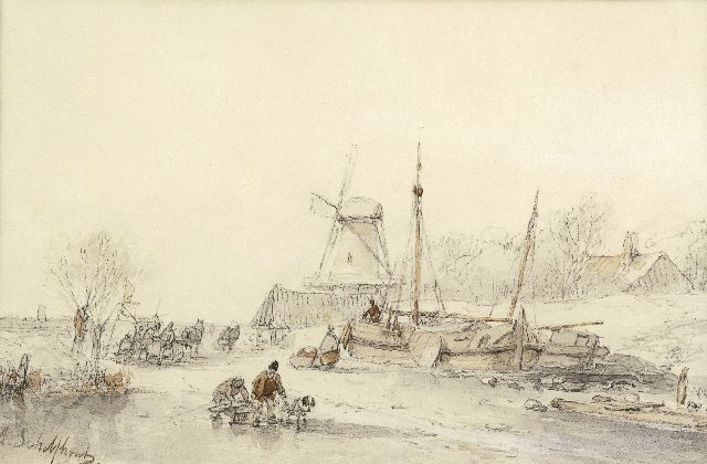 Andreas Schelfhout | Wintergezicht met schaatsers en een molen, zwart krijt, gewassen inkt en sepia op papier, 16,7 x 24,8 cm, gesigneerd l.o. A.Sc[helfhout]