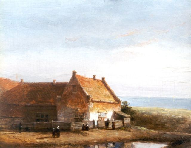 Kasparus Karsen | Huis in de duinen met vissersvrouwen, olieverf op paneel, 14,9 x 19,0 cm, gesigneerd l.o.