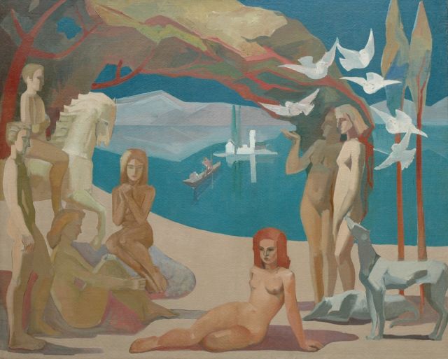 Kasper Niehaus | Landschap met figuren, olieverf op doek, 122,5 x 151,3 cm