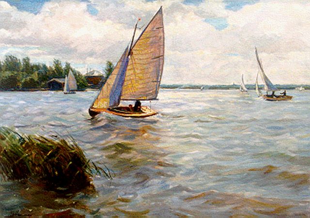 Piet van Boxel | Zeilbootjes op de Kaag, olieverf op doek, 70,5 x 100,5 cm, gesigneerd l.o. en te dateren jaren '50