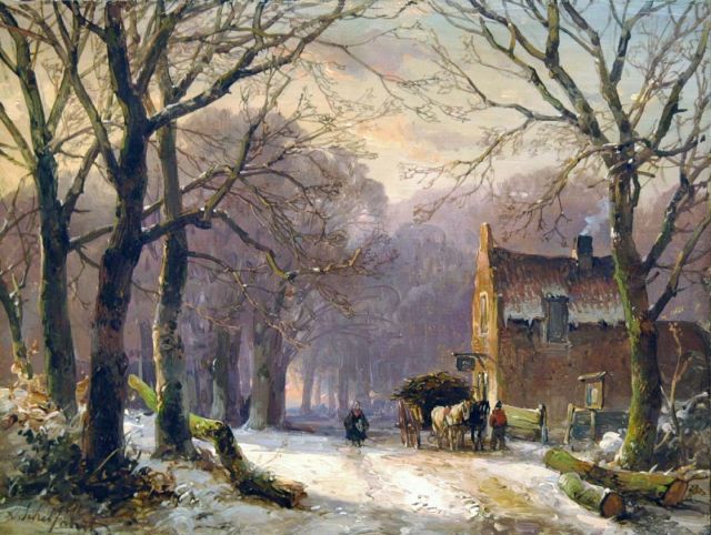Andreas Schelfhout | Winterse namiddag bij het tolhuisje, olieverf op doek, 21,8 x 28,8 cm, gesigneerd l.o.