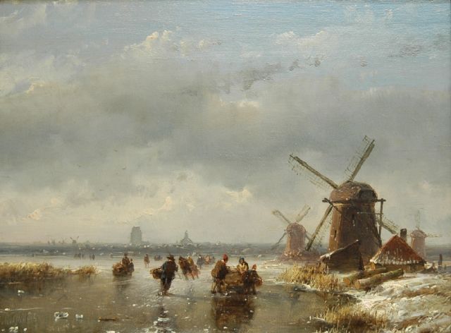 Andreas Schelfhout | Schaatsers en duwslede op een bevroren vaart, olieverf op paneel, 16,9 x 22,4 cm, gesigneerd l.o.