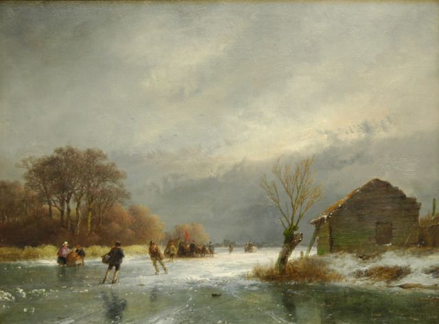 Andreas Schelfhout | IJsgezicht met schaatsers en koek-en-zopie, olieverf op paneel, 21,8 x 29,0 cm, gesigneerd r.o. en gedateerd '57