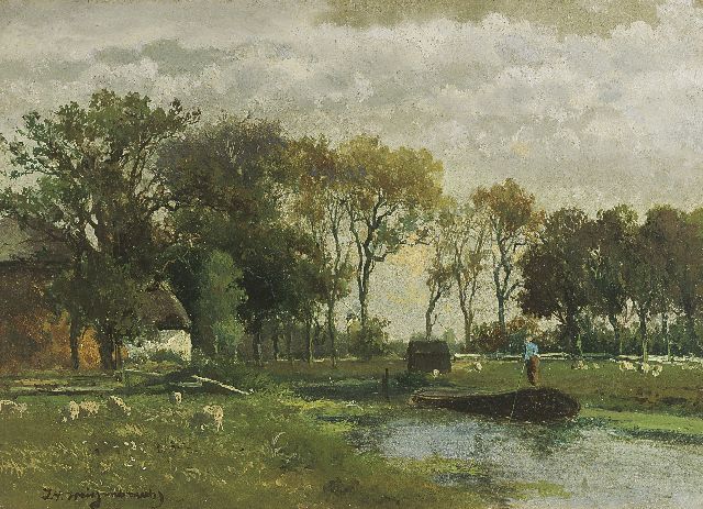 Jan Hendrik Weissenbruch | Pramende boer op een poldervaart, olieverf op doek, 24,9 x 34,2 cm, gesigneerd l.o. voluit en met initialen