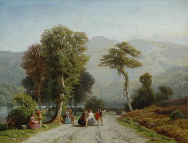 Jacobus Nicolaas Tjarda van Starckenborgh Stachouwer | Elegante reizigers in een Zwitsers berglandschap, olieverf op doek, 31,0 x 39,5 cm, gesigneerd r.o.