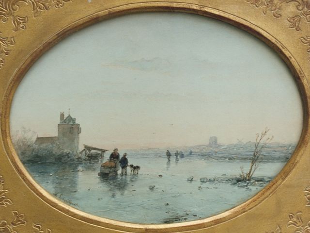 Andreas Schelfhout | Ovaal ijsgezicht, aquarel op papier, 22,0 x 30,0 cm, gesigneerd l.o.
