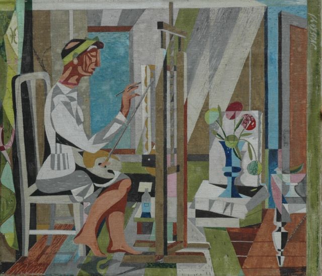 Jeroen Voskuyl | De schilderes, gouache op doek, 41,1 x 47,5 cm, gesigneerd r.b.