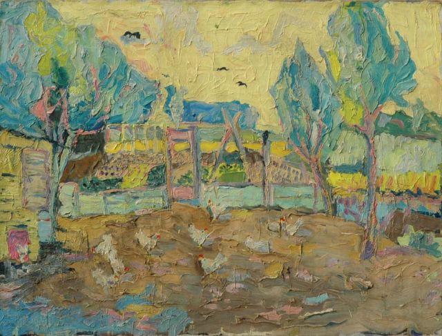 Leen Spaans | Tuintjes naast ons huis, olieverf op doek, 60,5 x 80,0 cm, gesigneerd verso en verso gedateerd  '60