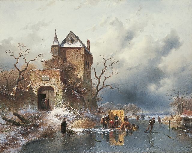 Charles Leickert | Winterlandschap met ijsvertier, olieverf op doek, 58,7 x 73,3 cm, gesigneerd r.o. en gedateerd '63