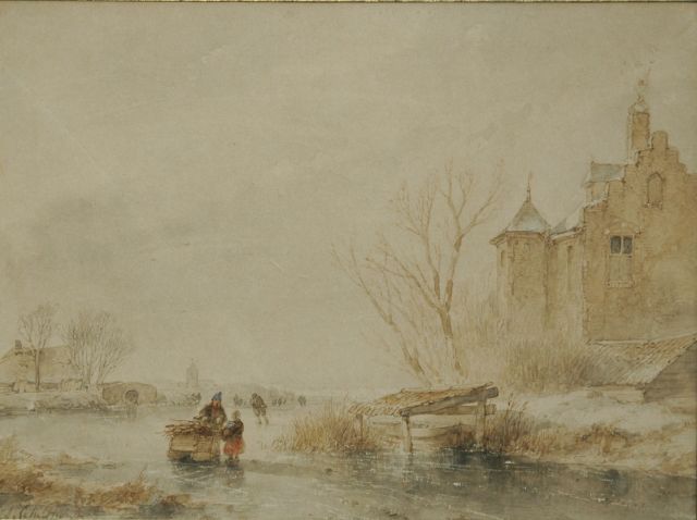 Andreas Schelfhout | Winterlandschap met schaatsers en houtsprokkelaar bij een burcht, sepia en aquarel op papier, 20,0 x 27,0 cm, gesigneerd l.o.