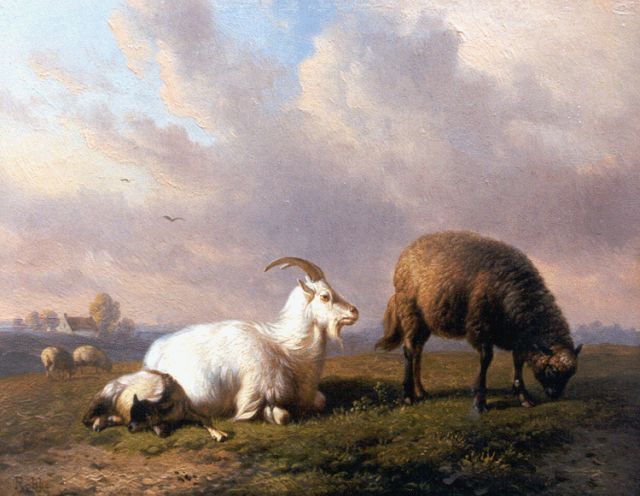 Louis Marie Dominique Romain Robbe | Weidelandschap met geit, schaap en een lam in de wei, olieverf op paneel, 16,1 x 20,5 cm, gesigneerd l.o.