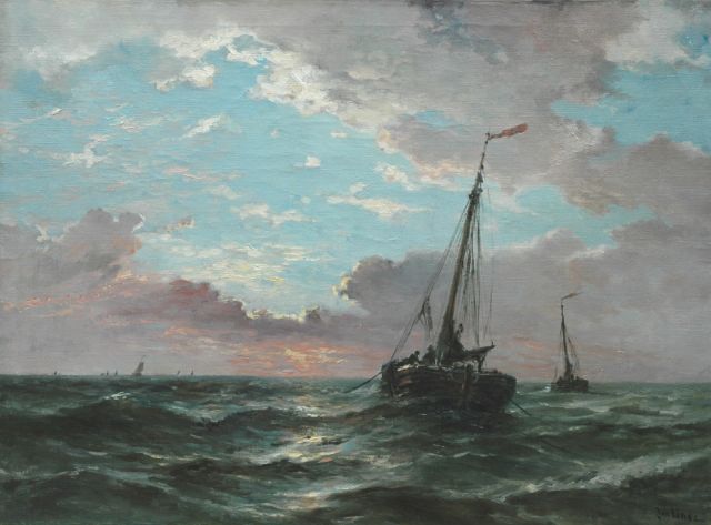 Jan van der Linde | Twee botters op volle zee, olieverf op doek, 74,6 x 100,8 cm, gesigneerd r.o.