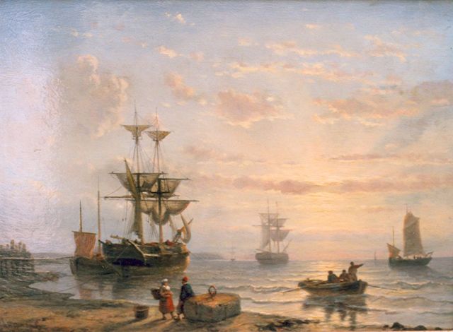 George Willem Opdenhoff | Schepen voor de kust, olieverf op paneel, 30,9 x 41,8 cm, gesigneerd l.o.