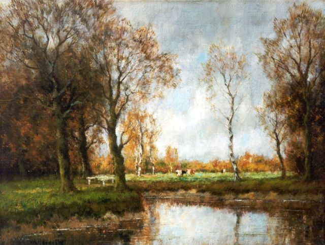 Cor Bouter | Herfstlandschap met grazende koeien, olieverf op doek, 31,3 x 41,0 cm, gesigneerd l.o. 'W. Hendriks'