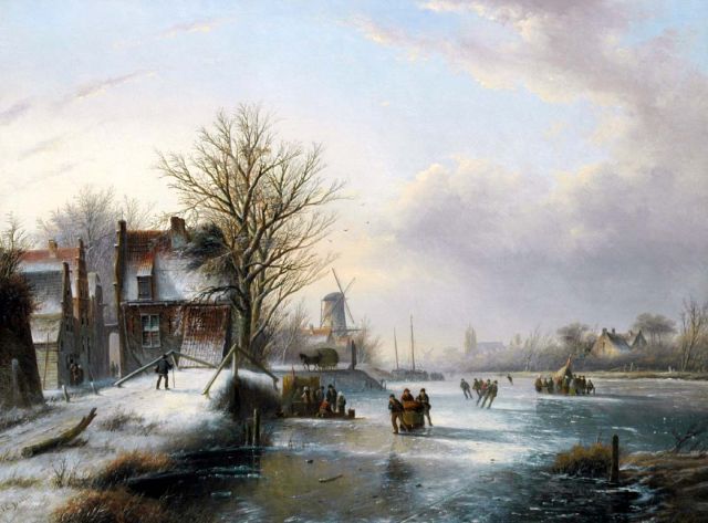 Jacob Jan Coenraad Spohler | Schaatsers op bevroren dorpsvaart, olieverf op doek, 57,9 x 77,3 cm, gesigneerd l.o.