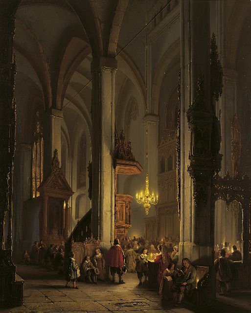 Gillis Haanen | Avonddienst in een gotische kerk, olieverf op paneel, 74,9 x 60,2 cm, gesigneerd l.o.