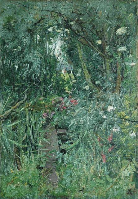 Johan Kuijpers | Bostuin met doorkijkje (verloren gegaan bij brand in Armando Museum, 22.10.2007), olieverf op doek op paneel, 55,1 x 39,2 cm, gesigneerd r.o. met initiaal en gedateerd '18
